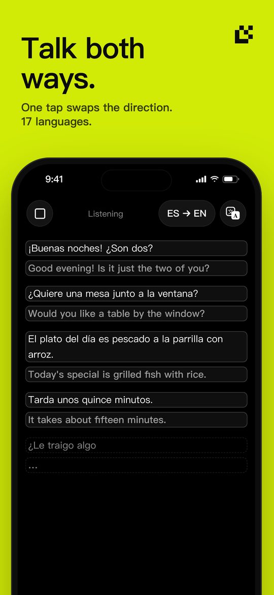 Talk both ways. — One tap swaps the direction. 17 languages.
