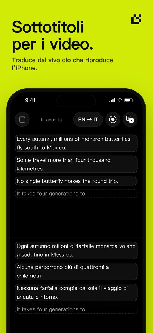 Sottotitoli per i video. — Traduce dal vivo ciò che riproduce l’iPhone.